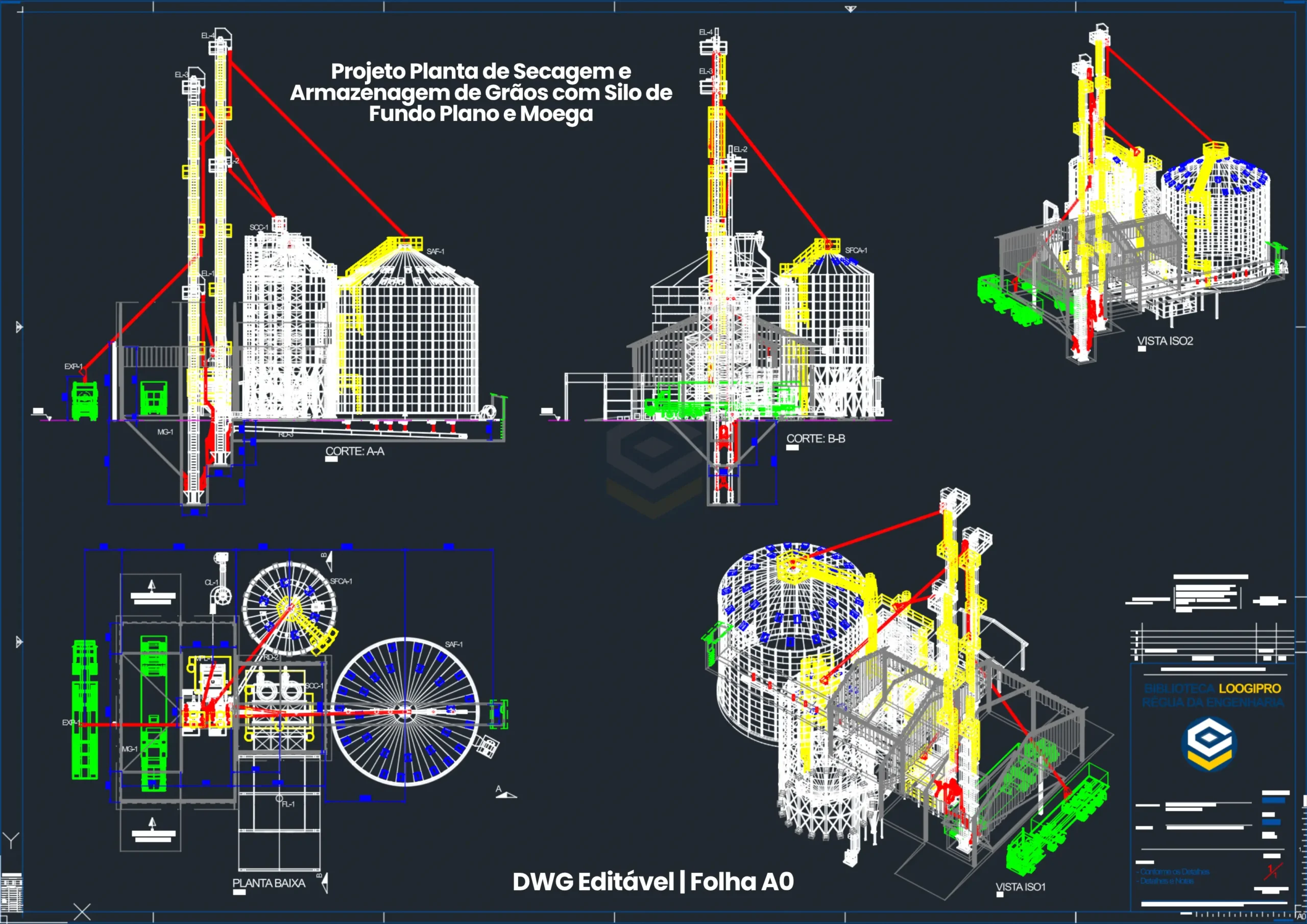 Planta baixa cotada de implantação geral e cortes transversais e longitudinais A-A e B-B de planta de secagem e armazenagem de grãos em DWG - Grain drying plant general floor plan and cross sections CAD - Planta general y secciones de secado y almacenaje.