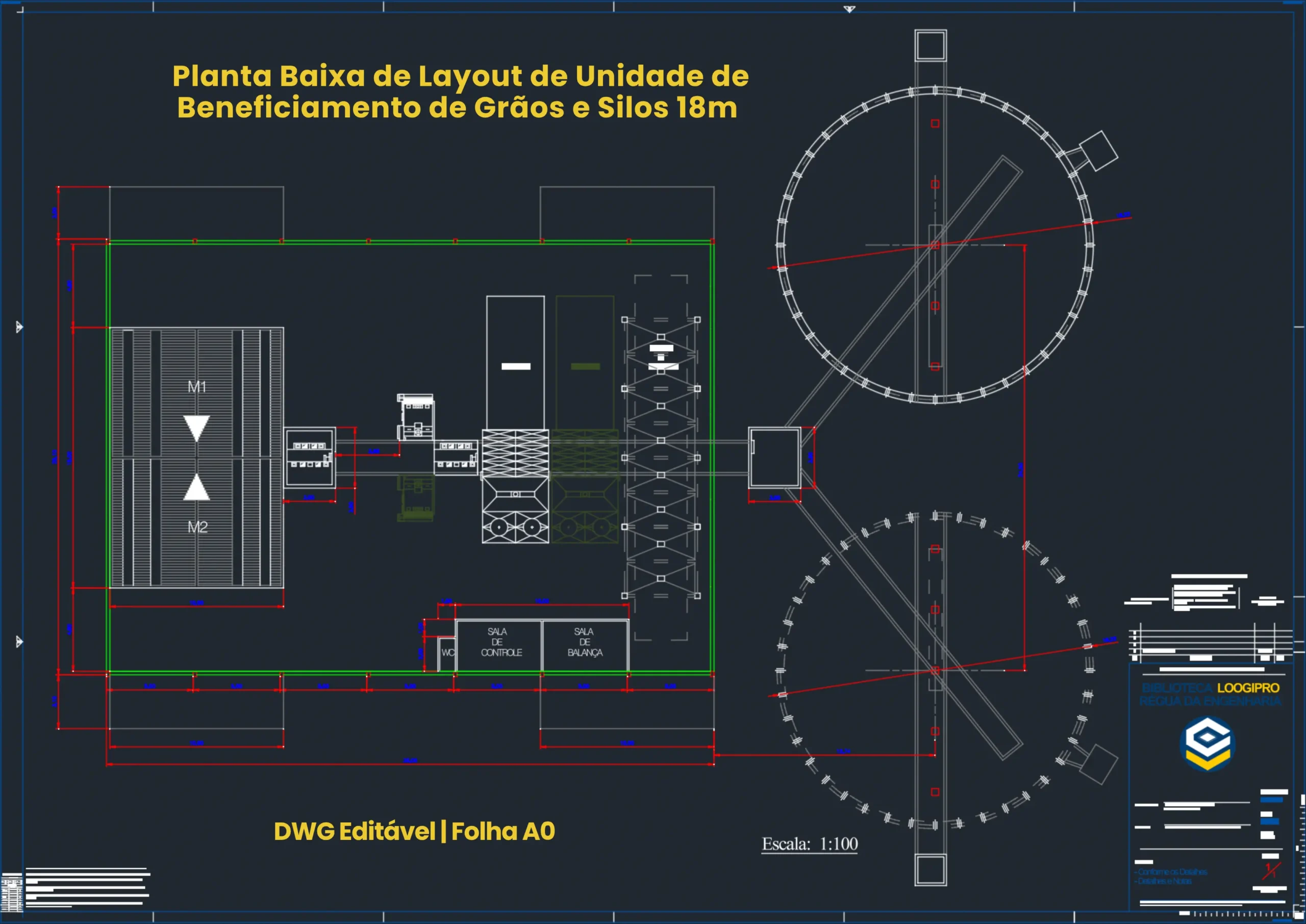 Planta Baixa de Layout Agroindustrial com Silos Metálicos 18m - Planta Baixa e Layout Geral de Unidade de Armazenamento de Grãos e Silos 18m DWG | General Layout and Floor Plan for Grain Storage Plant and 18m Silos DWG