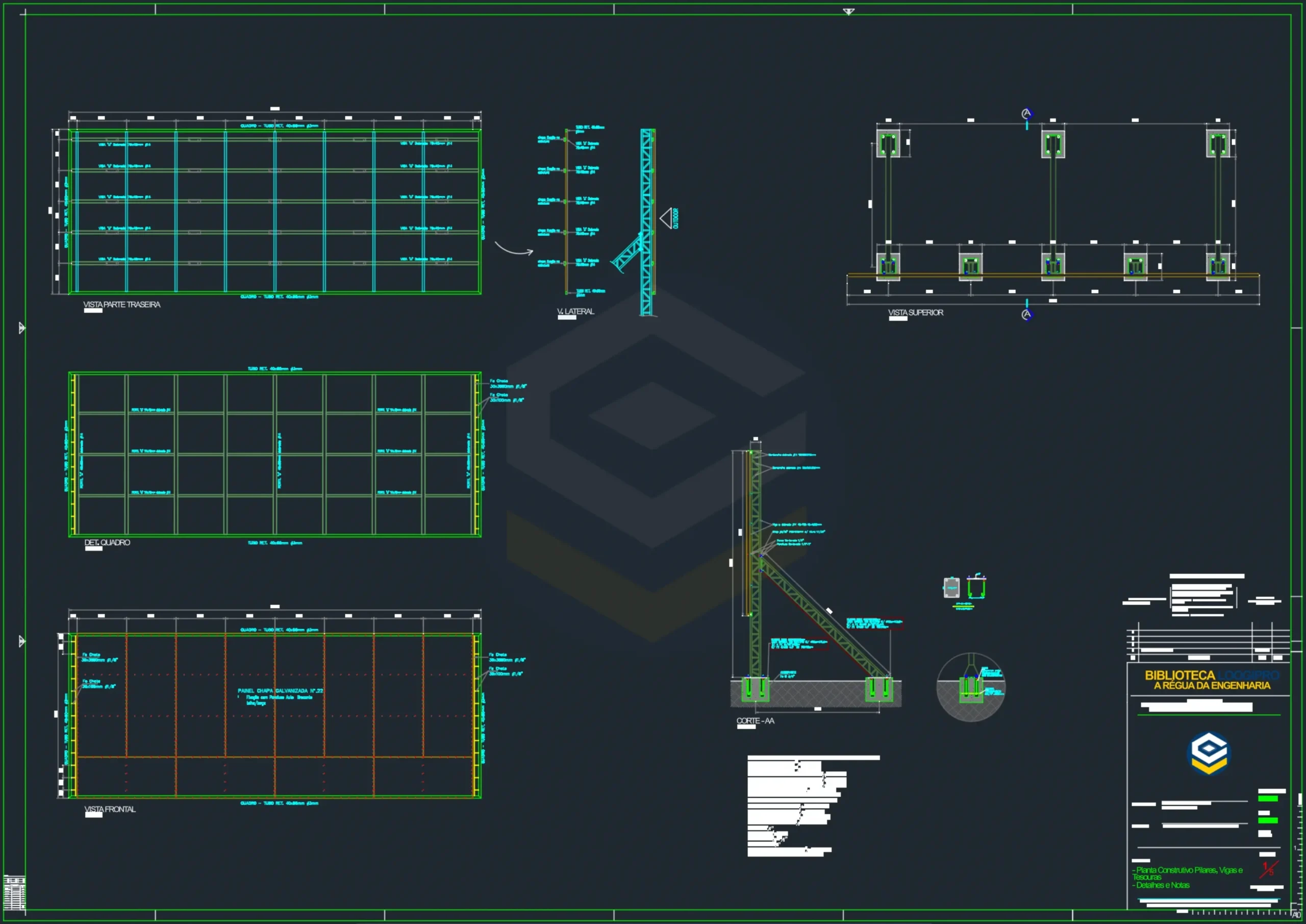 Prancha técnica executiva do Projeto de Painel Outdoor 10x4m em DWG Estrutura Metálica AutoCAD LOOGIPRO