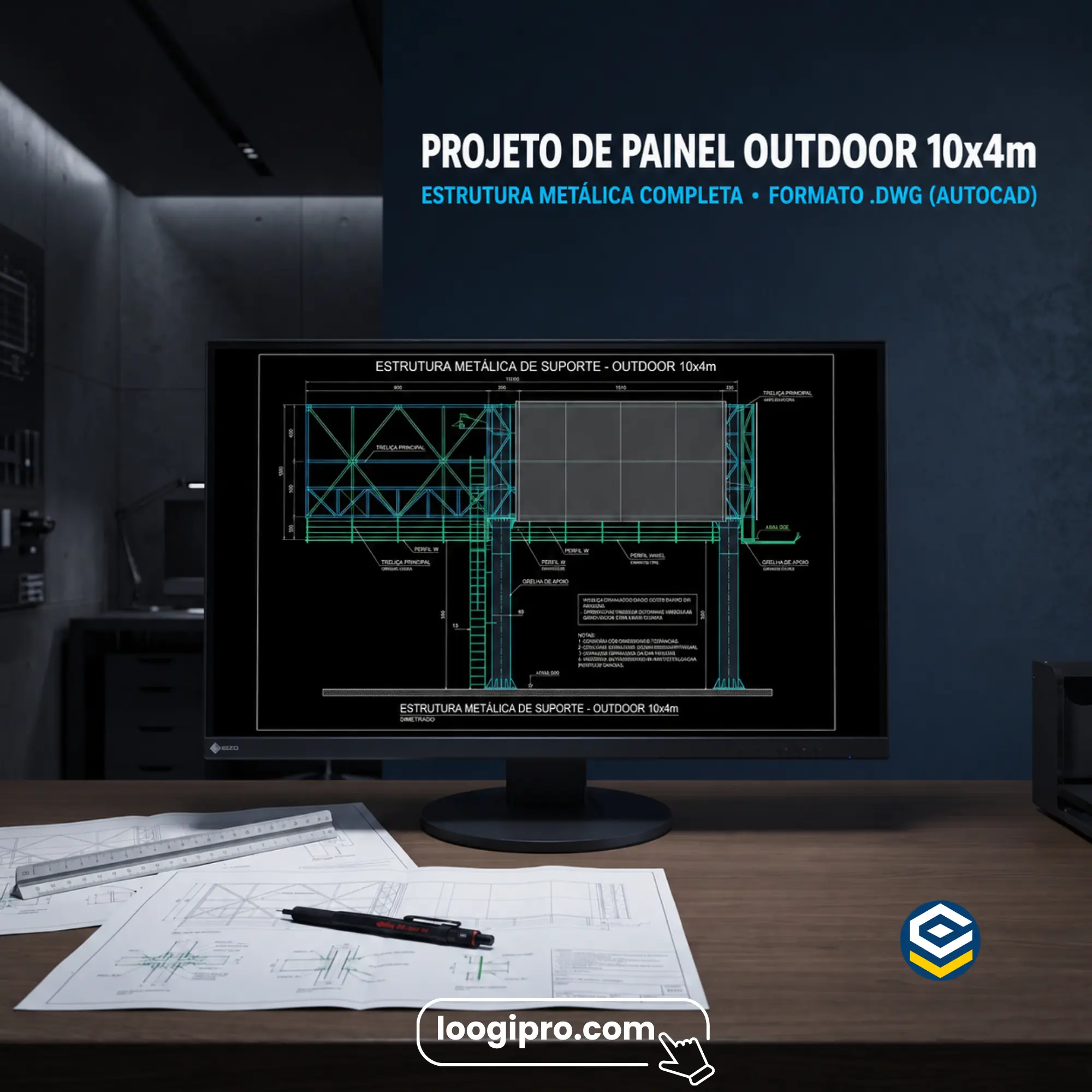 Projeto de Painel Outdoor 10x4m em DWG Estrutura Metálica AutoCAD LOOGIPRO - Projeto de Painel Outdoor 10x4m em DWG – Estrutura Metálica Completa (10x4m Billboard Steel Structure CAD Plan)