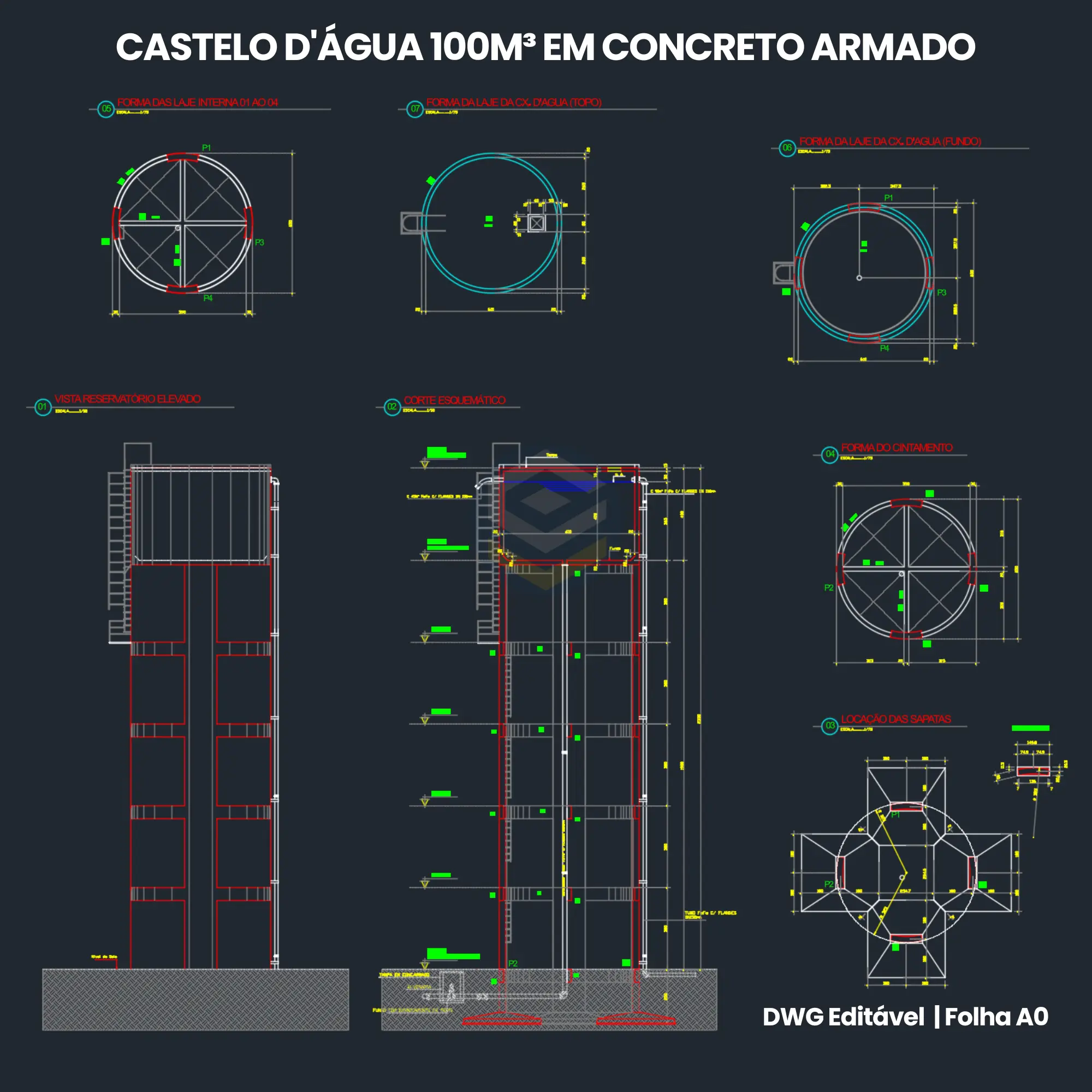 Projeto Reservatório Elevado em Concreto Armado - Loogipro - Projeto executivo completo de castelo d'água 100m³ em concreto armado com fck 30MPa, cuba superior, torre e fundação em sapatas - 100m³ reinforced concrete elevated water tank CAD DWG project with support tower and foundation detailing