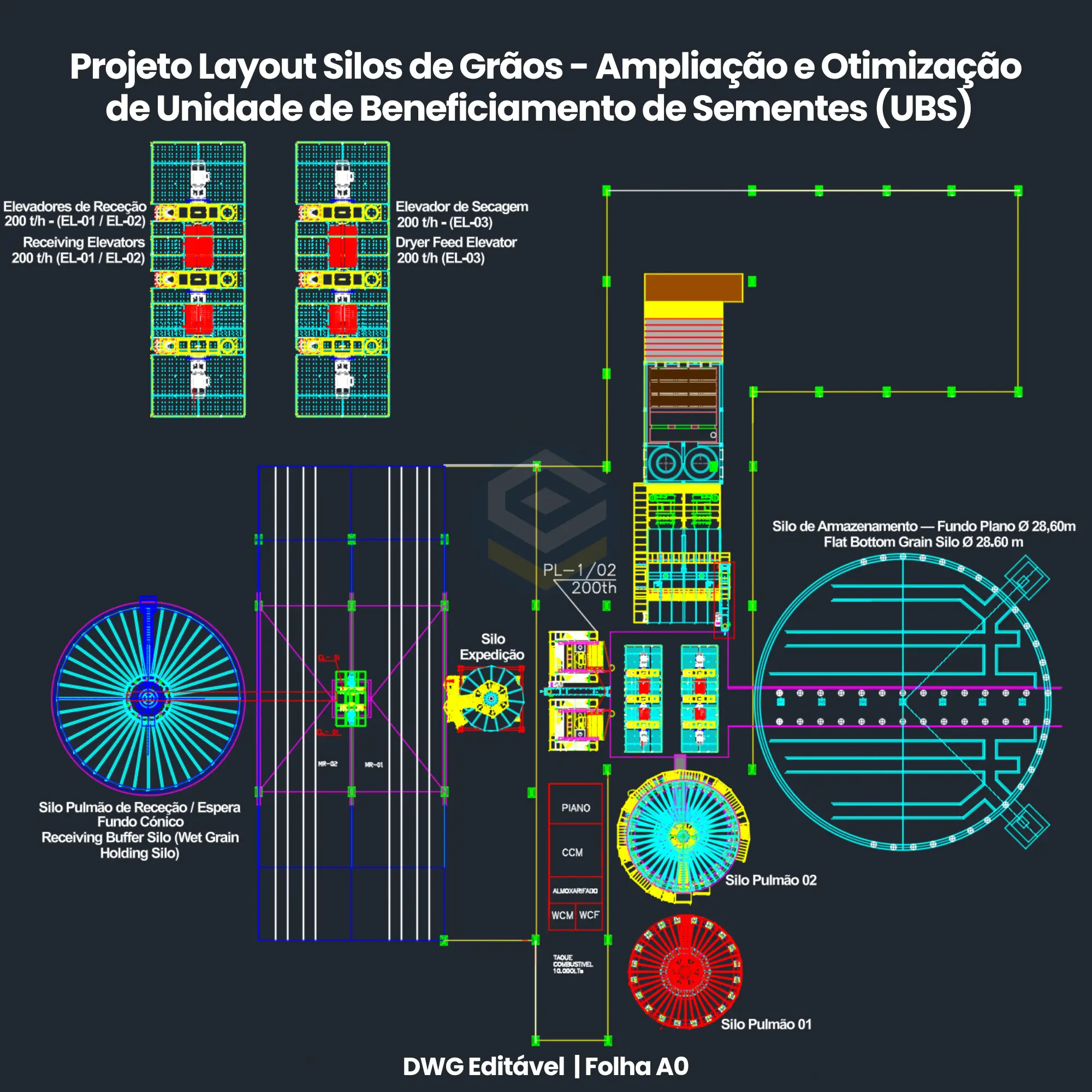 Projeto Layout Silos de Grãos - Ampliação UBS - Projeto executivo completo em CAD DWG de layout de silos de grãos, ampliação e otimização de unidade de beneficiamento de sementes UBS 200 t/h com moega, secador e silos de 28m | Complete executive grain silo layout and seed processing plant expansion CAD DWG 200 t/h | Proyecto integral de diseño de silos de granos y acondicionamiento de semillas DWG