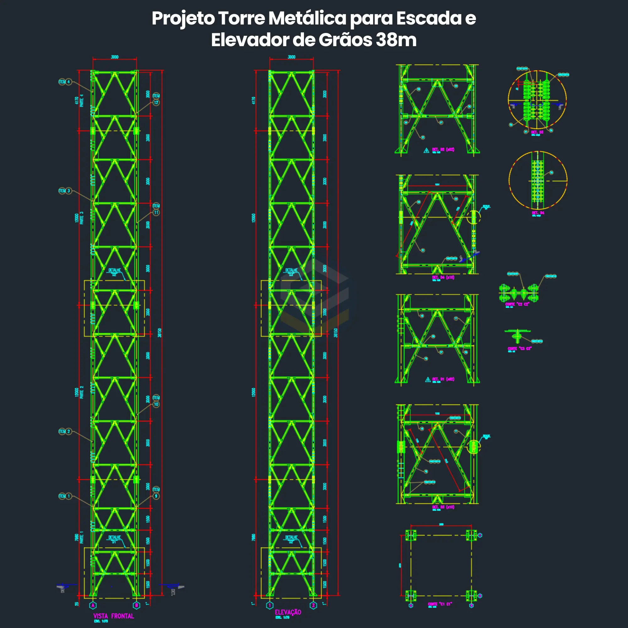 Projeto Torre Metálica para Escada e Elevador de Grão 38m DWG, caixa de escada metálica e torre metálica treliçada, Industrial Steel Tower for Stair and Grain Elevator 38m DWG industrial stair tower CAD project.