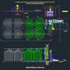 Projeto executivo de unidade de beneficiamento de grãos com planta baixa cotada, corte transversal da moega e perfil de silos em DWG | Executive grain processing plant CAD project with master layout, intake dump pit, and steel silos elevation in DWG AutoCAD