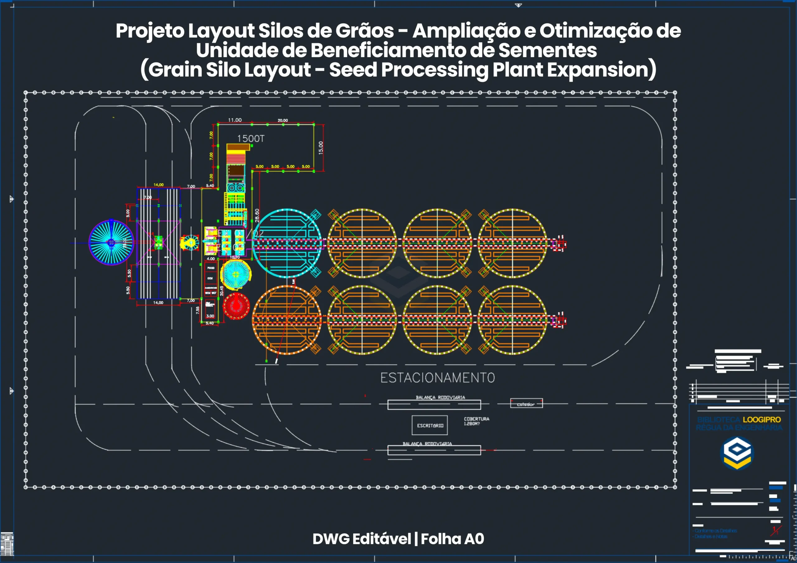 Projeto executivo em CAD DWG folha A0 com layout geral de silos de grãos, ampliação de unidade de beneficiamento de sementes UBS, moega rodoviária dupla com tombador, torre de secador, 8 silos metálicos fundo plano 28 metros e fluxo viário logístico | Diseño ejecutivo en CAD DWG lámina A0 con layout general de silos de granos, ampliación de planta de acondicionamiento de semillas, tolva doble con volteador, secadora industrial, 8 silos de fondo plano 28m y patio de maniobras logístico - Projeto Layout Silos de Grãos - Ampliação UBS - DWG
