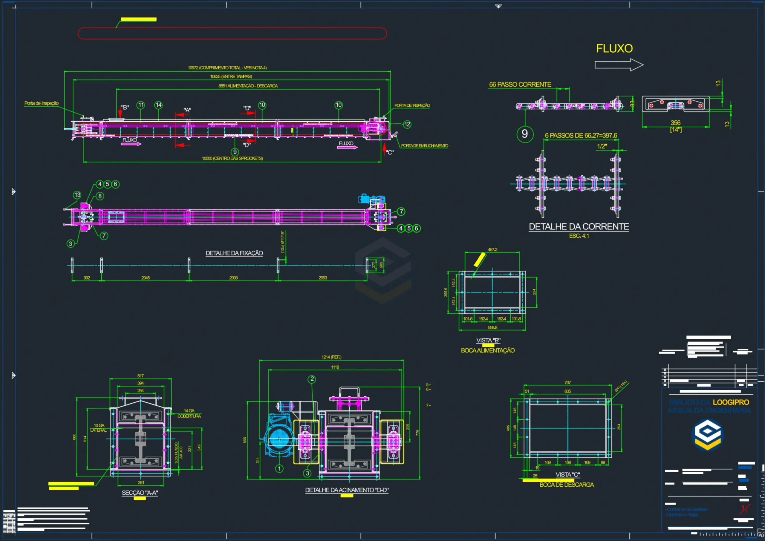 Montagem geral e cortes redler transportador de corrente 200 t/h DWG, drag chain conveyor general assembly and mechanical sections CAD drawing.