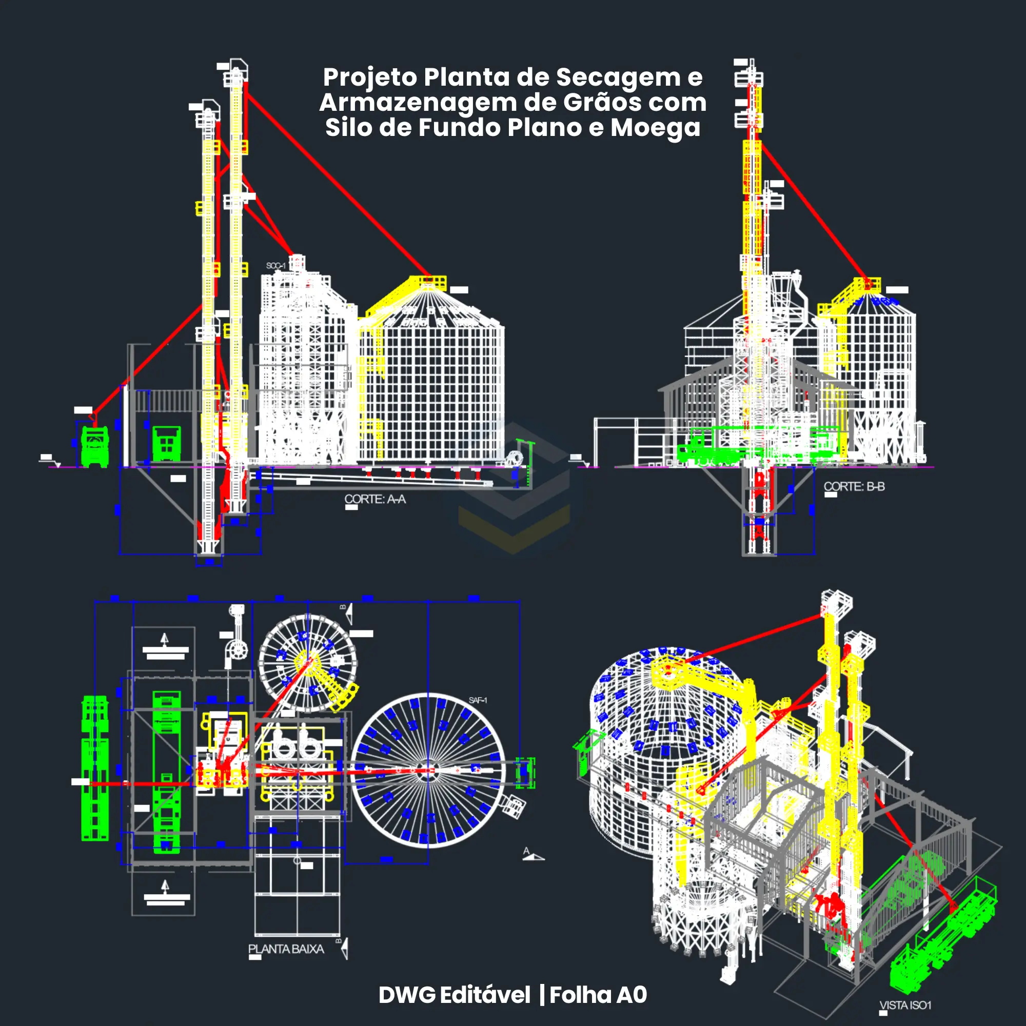 Projeto de secagem e armazenagem de grãos com silo de fundo plano, moega rodoviária, secador contínuo com fornalha e elevadores em DWG - Compact grain drying and storage plant flat bottom silo CAD - Planta de secado y almacenamiento de granos.