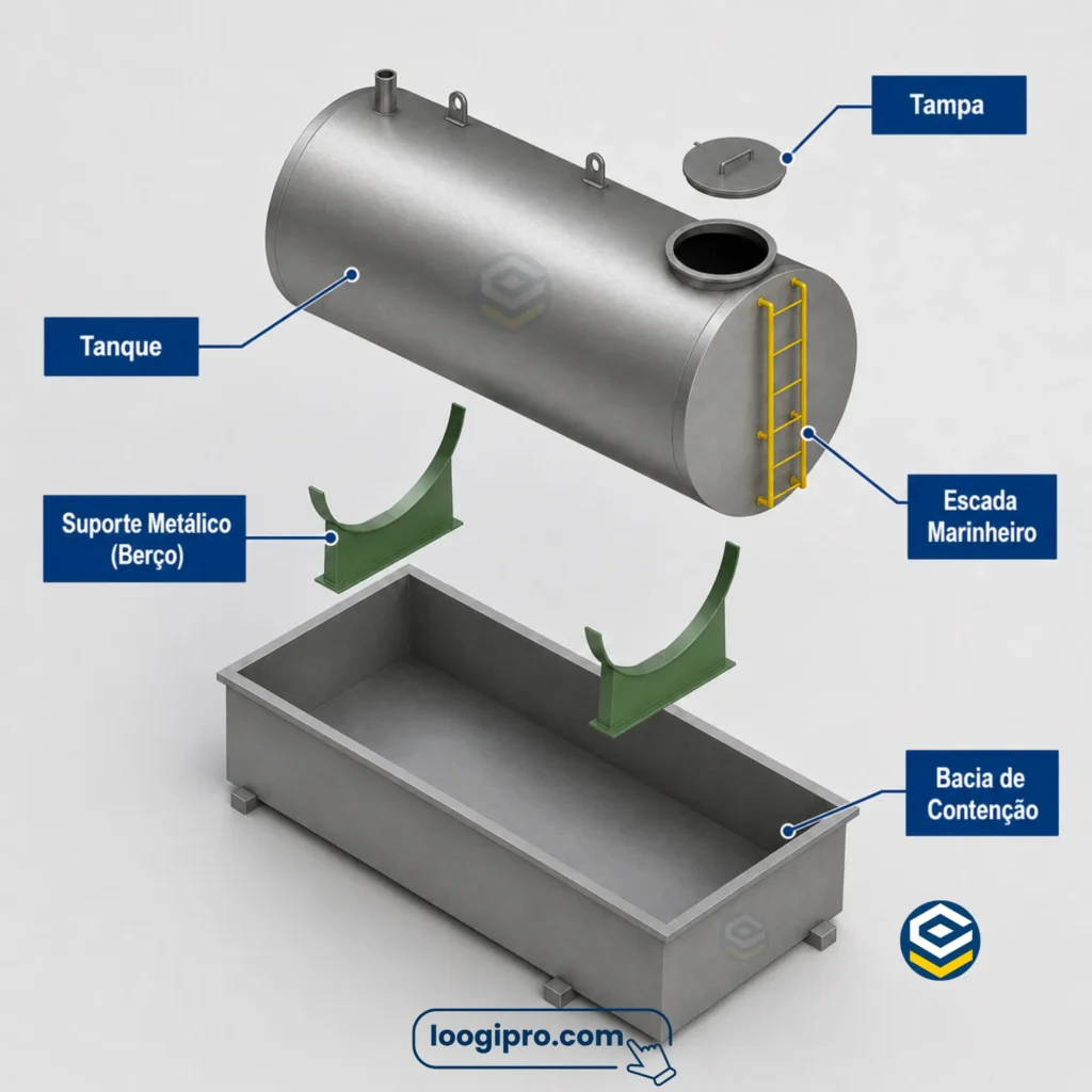 Componentes e Vista Explodida de Tanque Aéreo Horizontal com Bacia de Contenção e Berços de Apoio - NBR 17505-2 (Exploded View of Horizontal Aboveground Steel Tank with Spill Containment Basin and Saddle Supports) - Loogipro