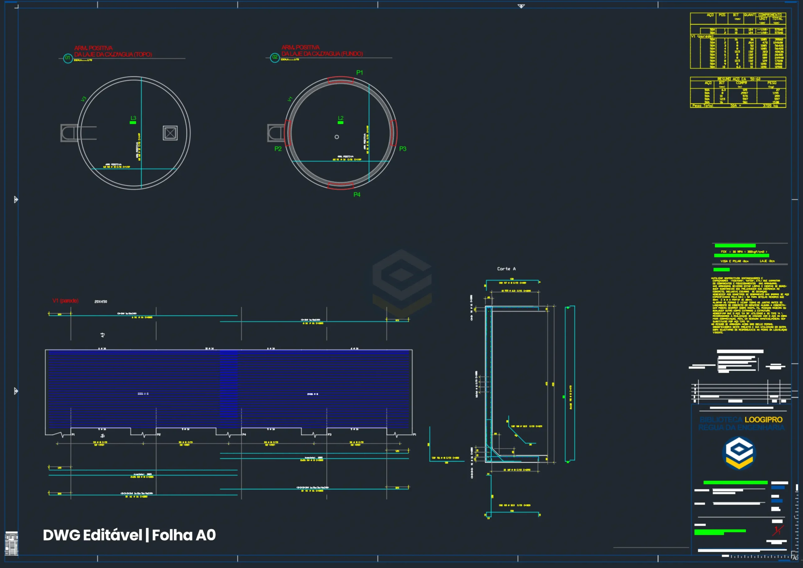 Plano técnico de depósito elevado y tanque de agua de 100m³ en hormigón armado: despiece detallado de ferralla para cuba superior cilíndrica, armadura circunferencial y vertical de muro perimetral V1 de 20x450cm, armadura positiva de losa circular de fondo Nivel 05, losa de cubierta superior Nivel 06 con compuerta de inspección y planilla de aceros CA-50/60 en formato DWG - Projeto Reservatório Elevado em Concreto Armado - Loogipro