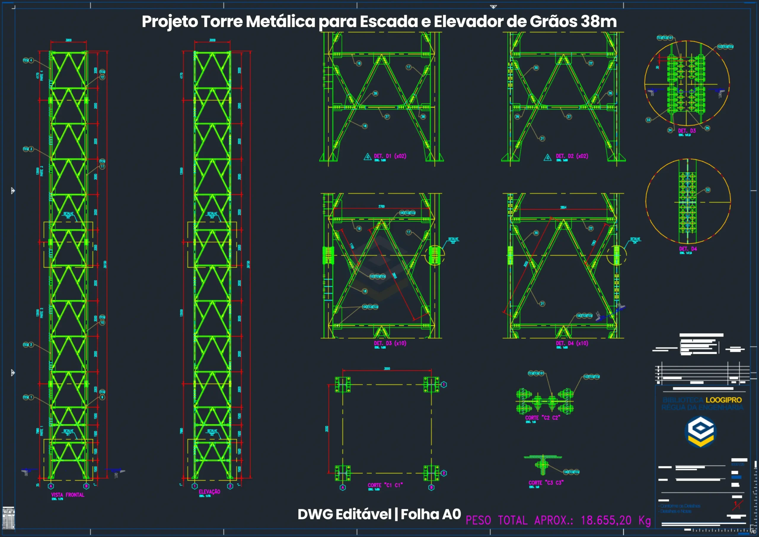 Montagem geral e elevações da Torre Metálica para Escada e Elevador de Grão 38m DWG, torre metálica treliçada e ancoragem estrutural, general assembly elevations of Industrial Steel Tower for Stair and Grain Elevator 38m DWG.