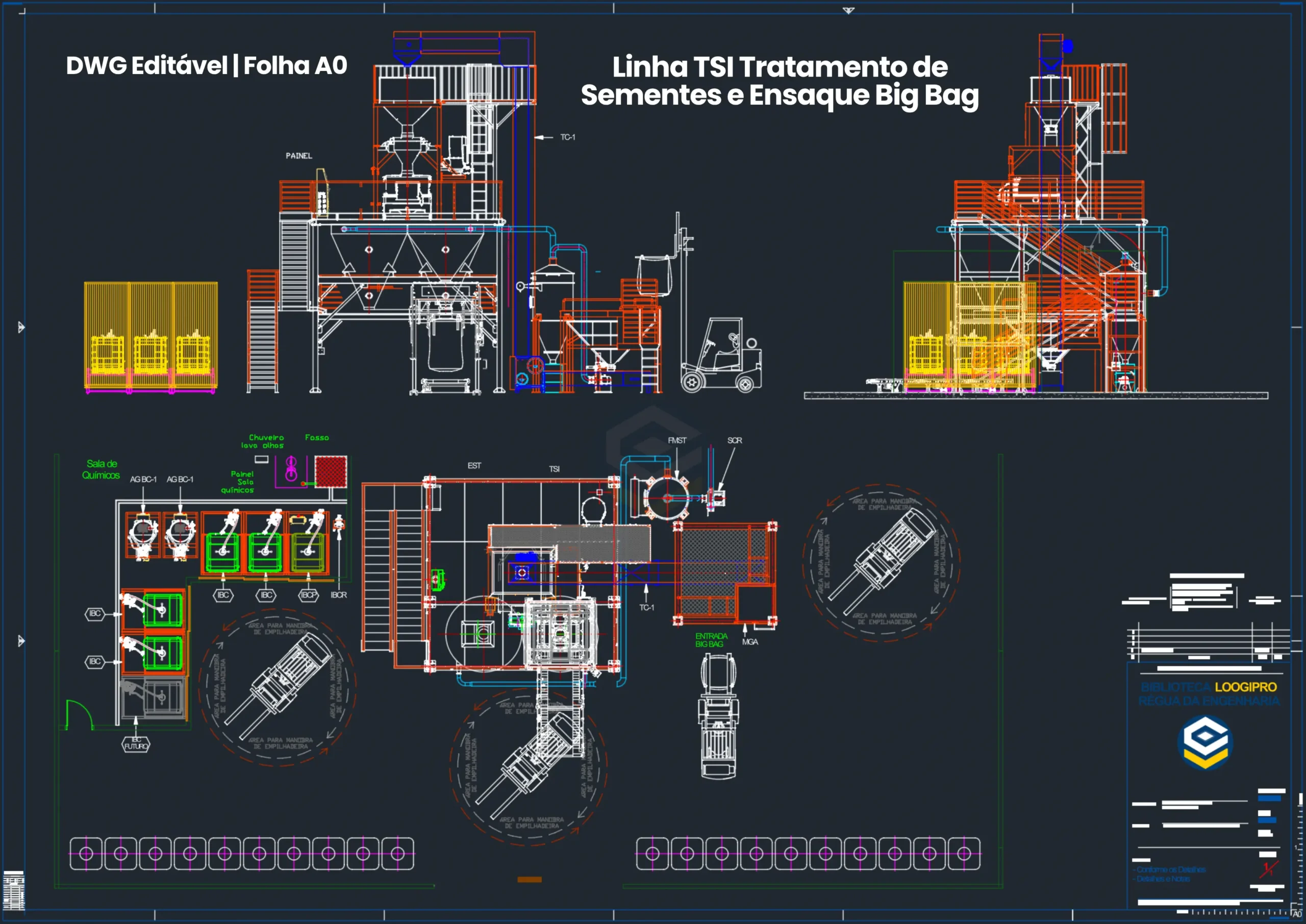 Detalhe técnico da tratadora de sementes em batelada de 150 kg, silo de ensaque duplo para big bags, tanques agitadores e bacias de contenção da sala de químicos em DWG - Batch seed treater and big bag bagging station layout.