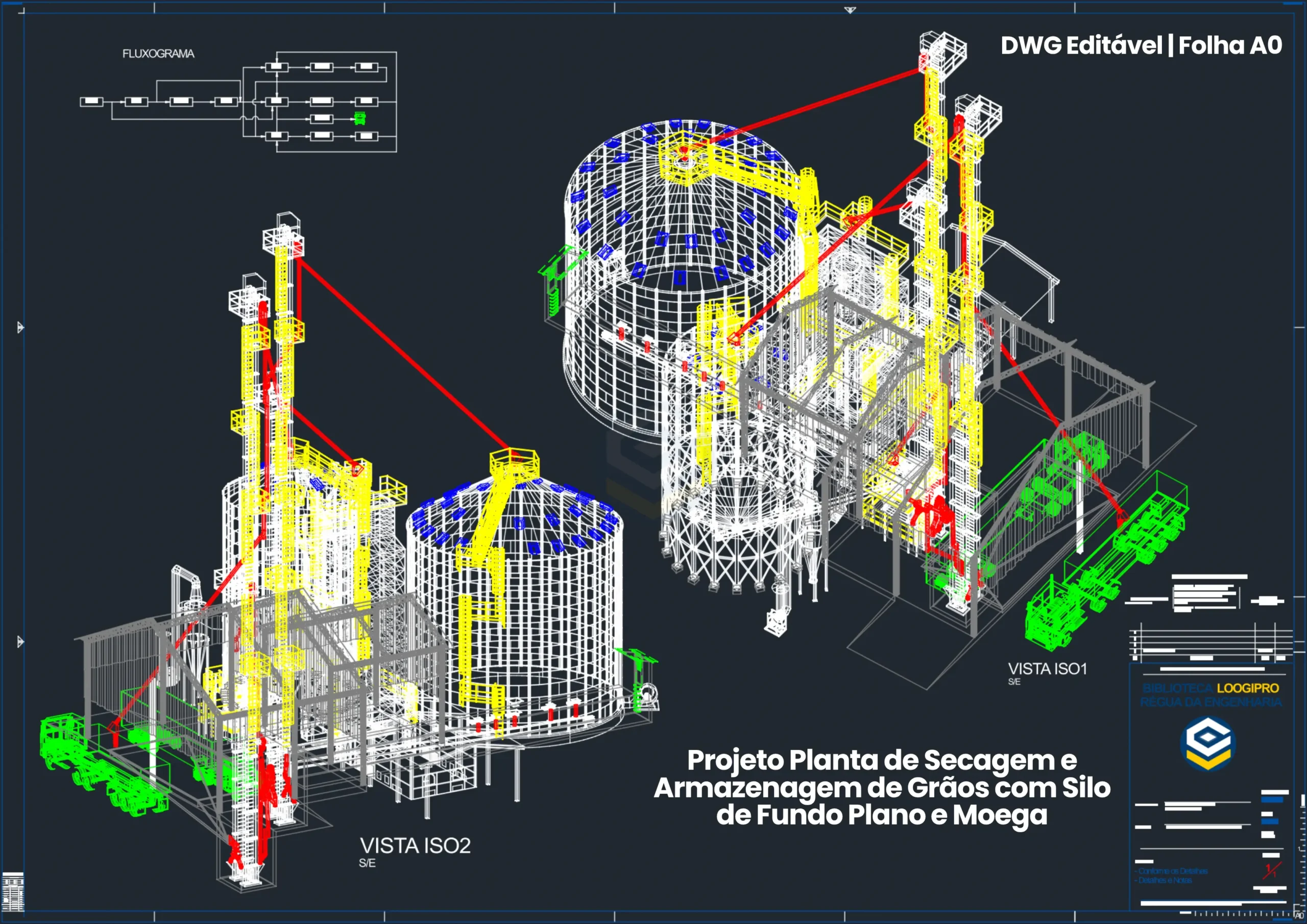 Perspectivas isométricas tridimensionais e diagrama esquemático de fluxograma de processo para planta de secagem e armazenagem de grãos em DWG - 3D isometric views and grain handling process flowchart CAD - Vistas isométricas de planta de secado y silos.